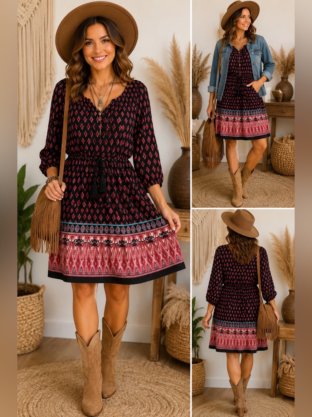 Lily Rose Boho Tassel Tie Shift Dress Large Black Pink Ikat Border Print NWT